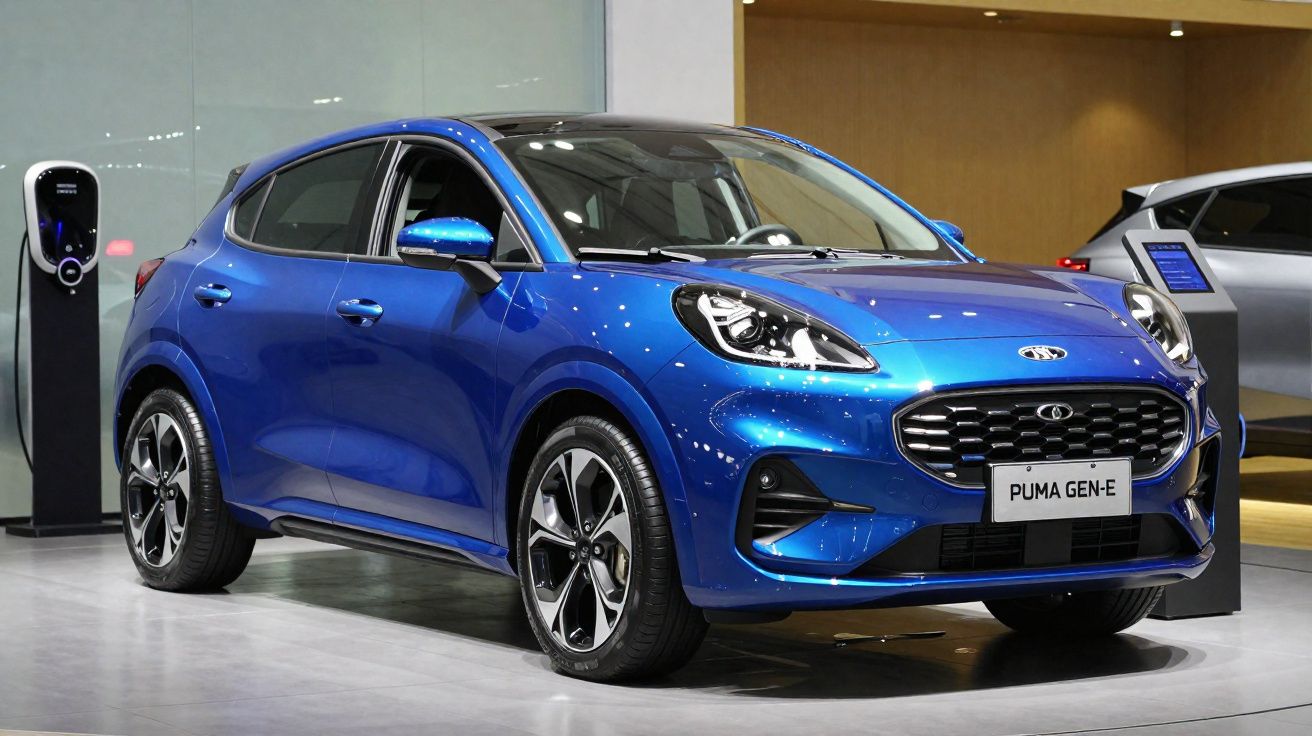 Carro elétrico azul Puma Gen-E estacionado junto a estação de carregamento numa exposição automóvel.