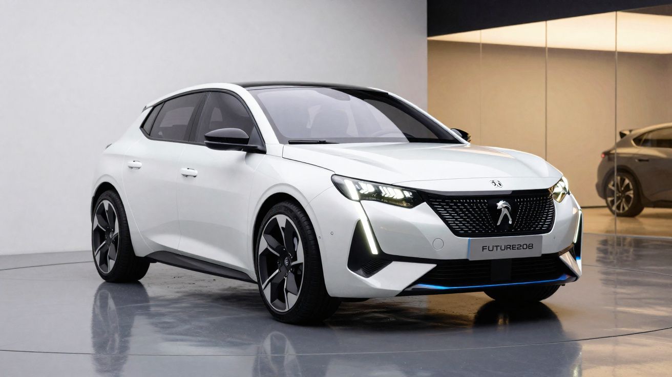 Carro elétrico Peugeot Future 208 branco em exposição moderna com rodas desportivas e faróis LED acesos.