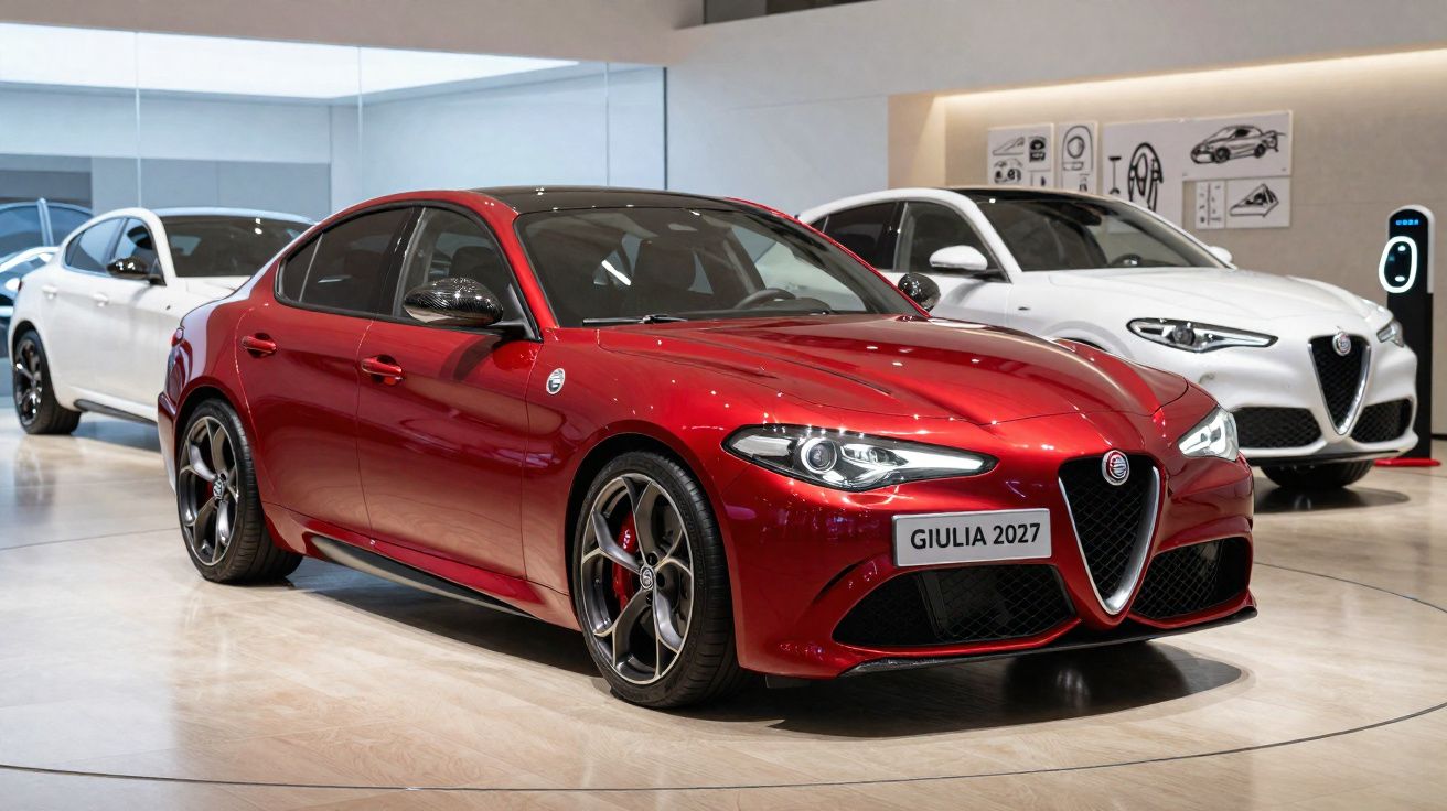 Carros Alfa Romeo Giulia 2027 em exposição, um vermelho em destaque e dois brancos ao fundo, em ambiente iluminado.