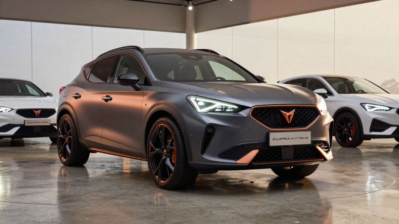 Carro Cupra cinza metálico em destaque numa sala com outros dois carros Cupra brancos ao fundo.