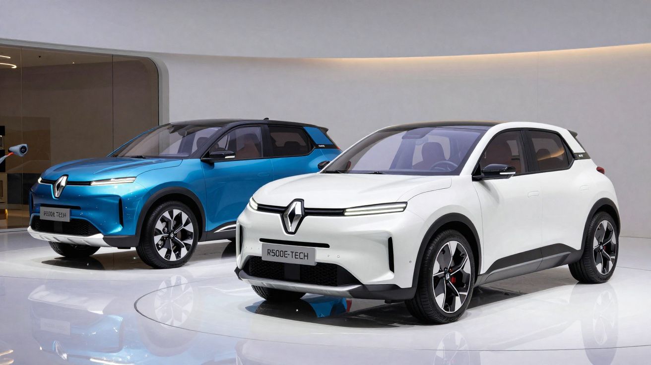 Dois carros elétricos Renault R500E-TECH expostos num showroom moderno, um branco e outro azul.