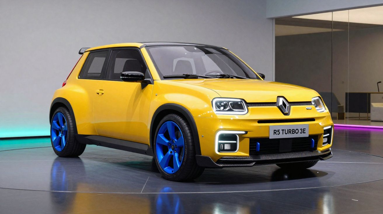 Automóvel compacto elétrico Renault R5 Turbo 3E amarelo com jantes azuis exposto em stand moderno.