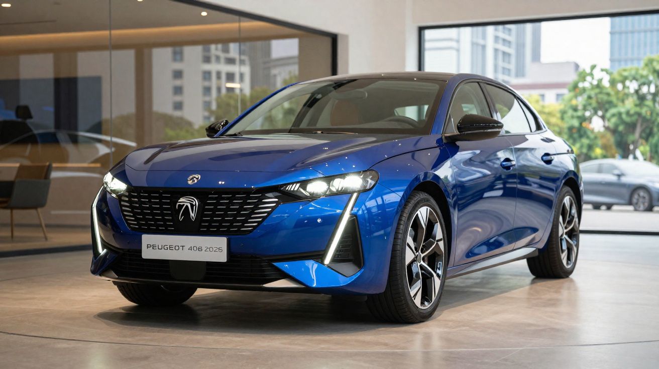 Peugeot 408 azul 2025 estacionado em espaço moderno com luz natural e vidros grandes.