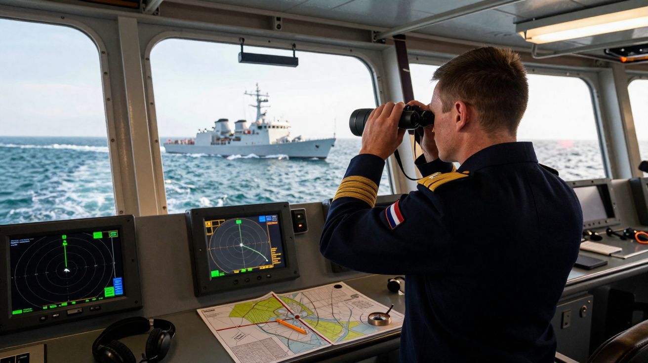 Oficial naval observa navio através de binóculos no comando de uma embarcação com radares e mapa náutico.