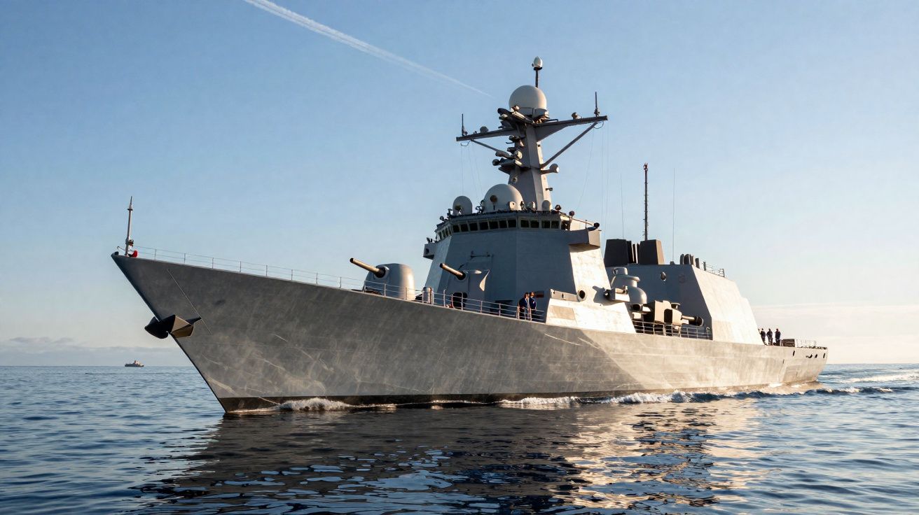 Navio de guerra cinzento navegando em mar calmo sob céu azul com rastro de avião no horizonte.