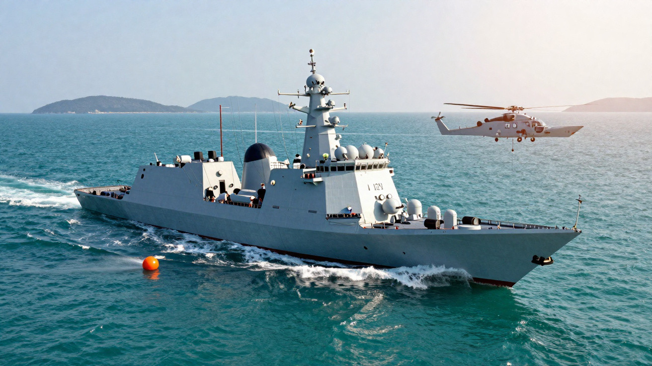 Navio de guerra cinzento a navegar no mar com um helicóptero militar a voar ao lado.