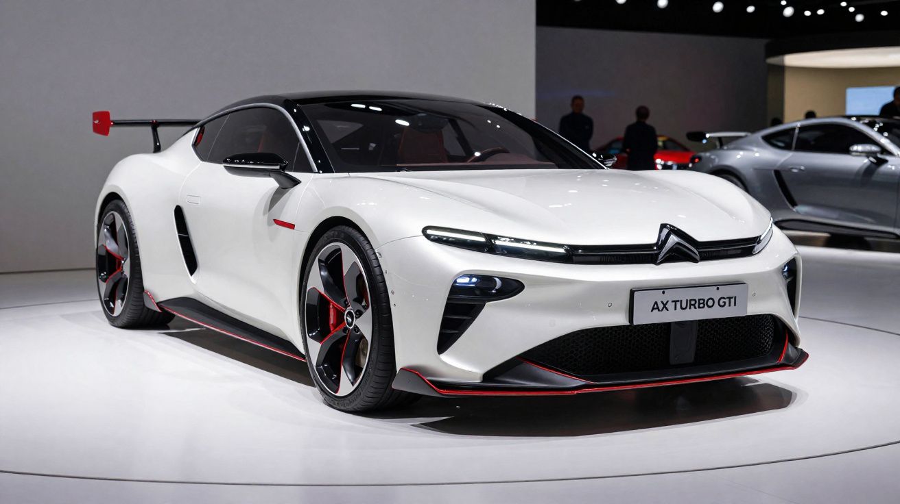 Carro desportivo Citroën AX Turbo GTI branco com detalhes vermelhos, apresentado em salão automóvel.