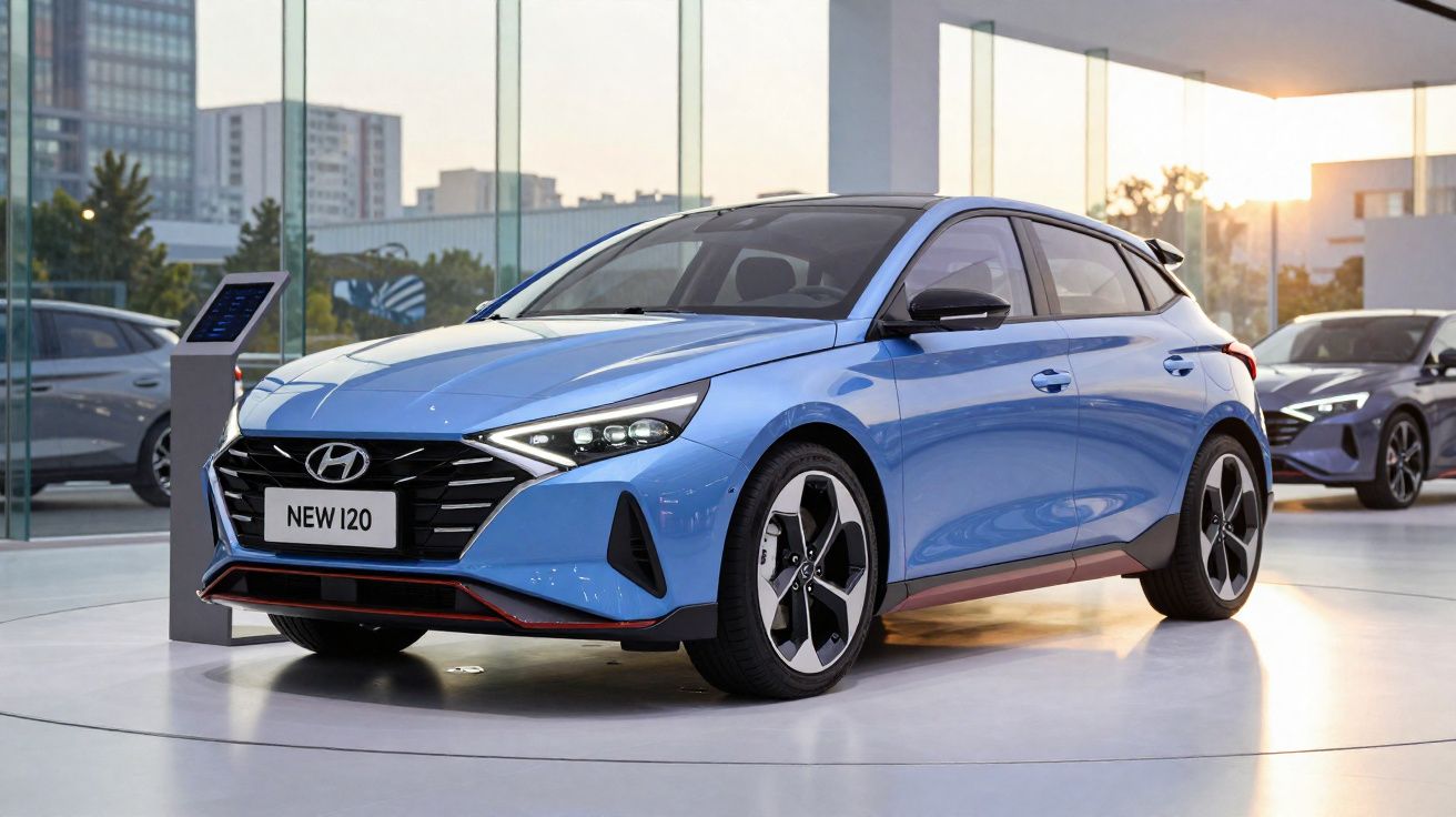 Carro Hyundai New i20 azul exposto num showroom moderno com paredes de vidro.
