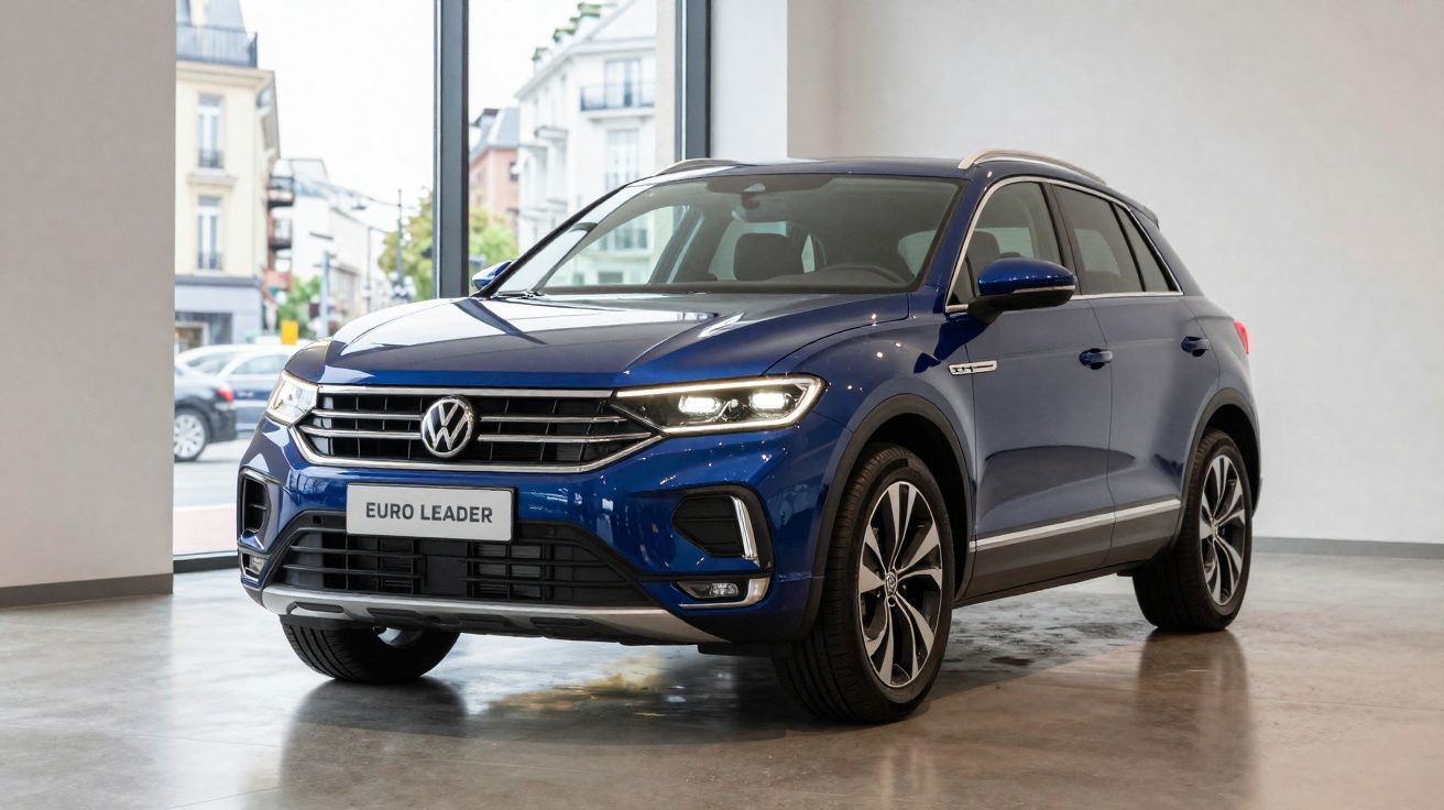 Carro Volkswagen SUV azul estacionado em interior com janela grande ao fundo.