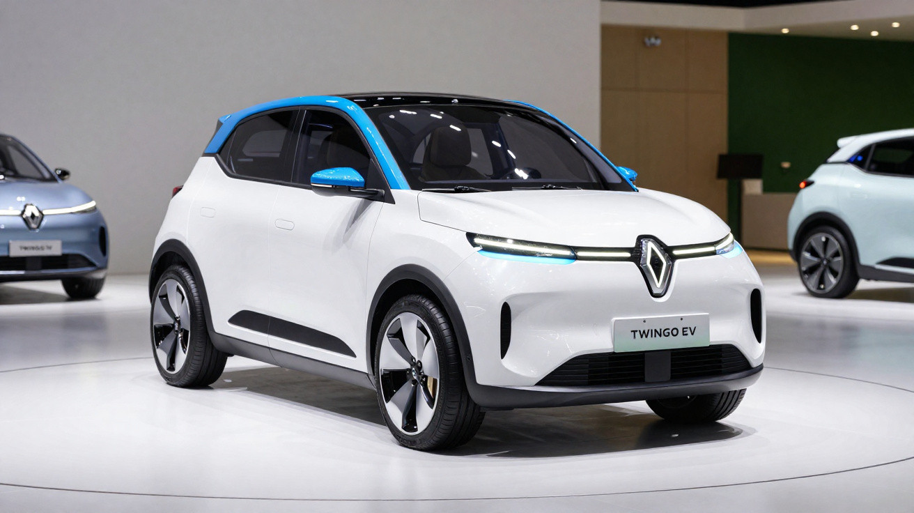 Carro elétrico Renault Twingo EV branco com teto azul exibido numa exposição automóvel.