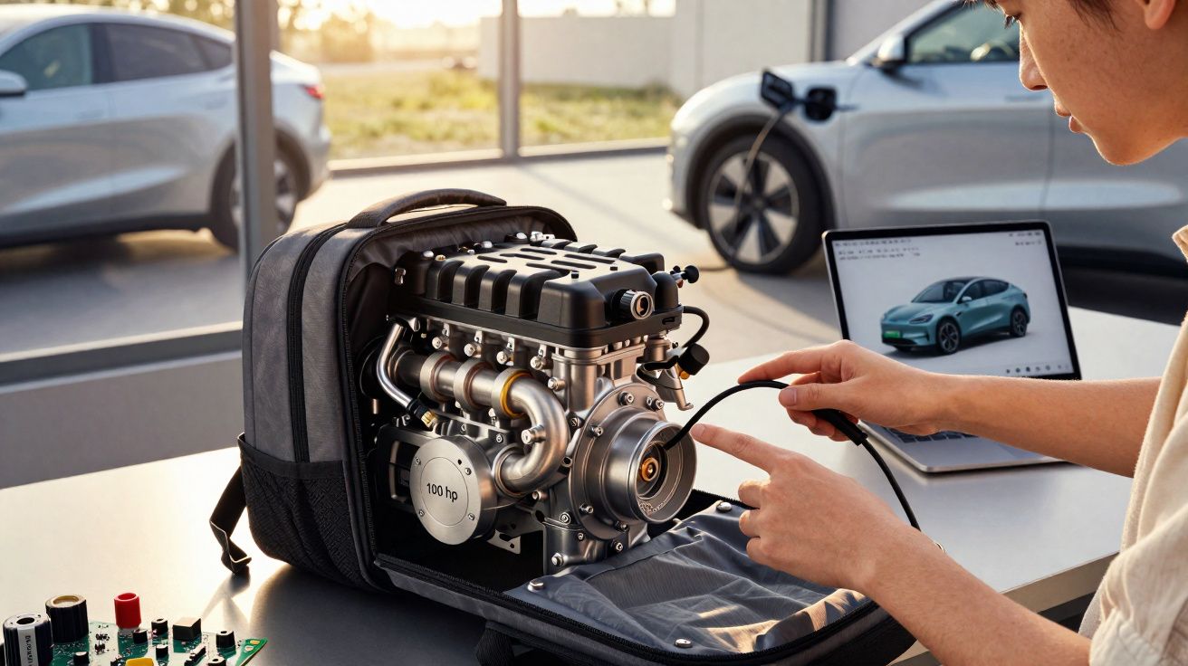 Pessoa a montar motor elétrico pequeno numa mala, com laptop e carros elétricos ao fundo.