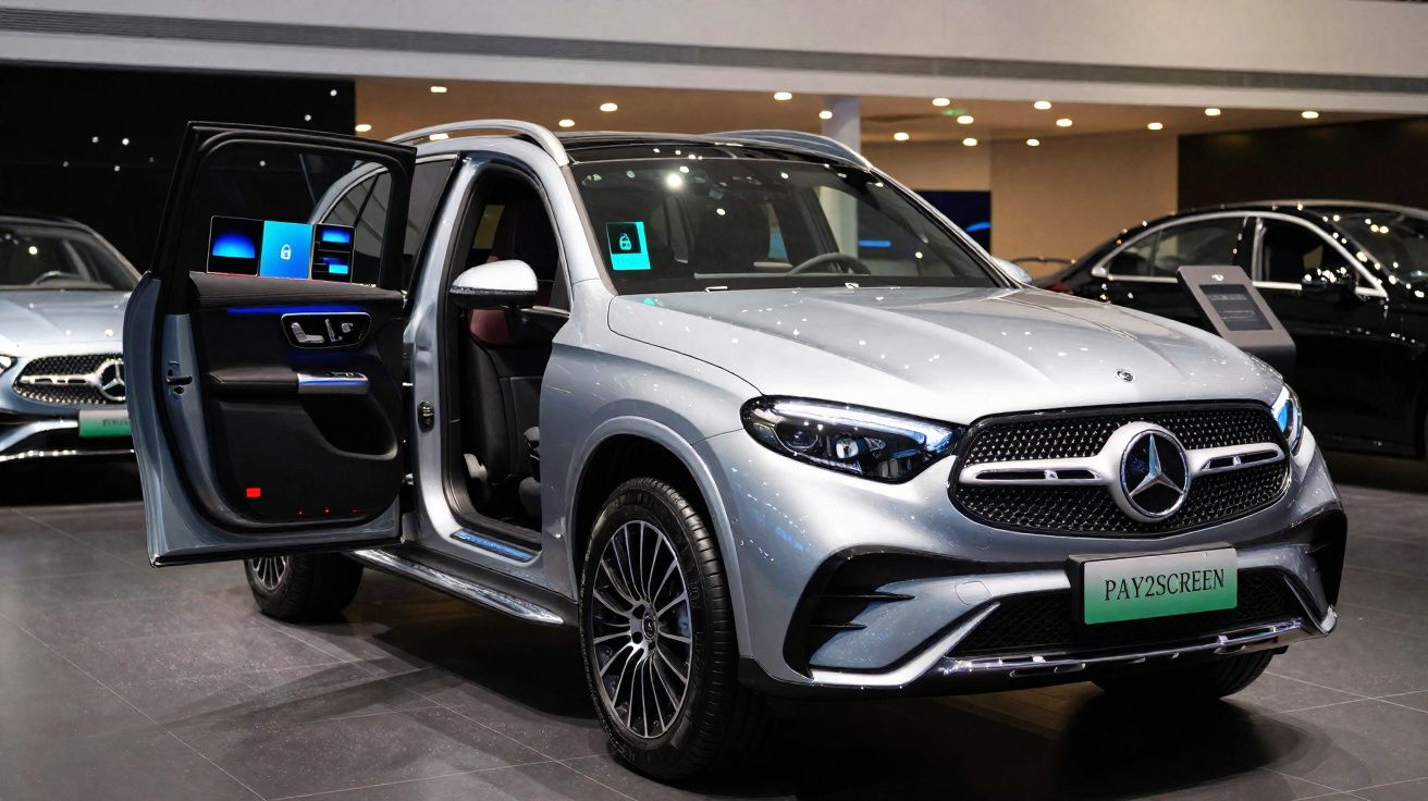 Carro SUV Mercedes-Benz prata no interior de loja, com portas da frente abertas e luzes LED ligadas.