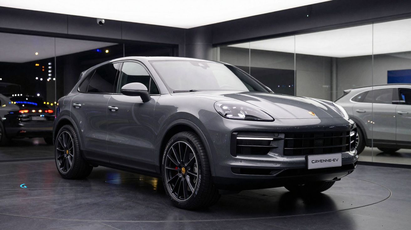 Carro SUV Porsche Cayenne-EV cinzento escuro estacionado em showroom iluminado com paredes de vidro.