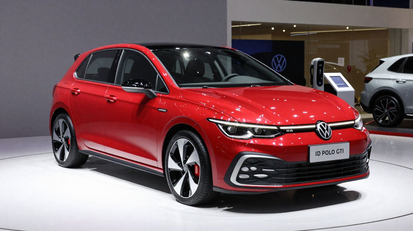 Carro desportivo vermelho Volkswagen ID Polo GTI exposto em salão automóvel com detalhes em preto.