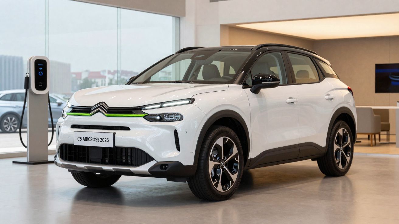 Automóvel Citroën C5 Aircross 2025 branco, elétrico, estacionado em showroom ao lado de carregador.