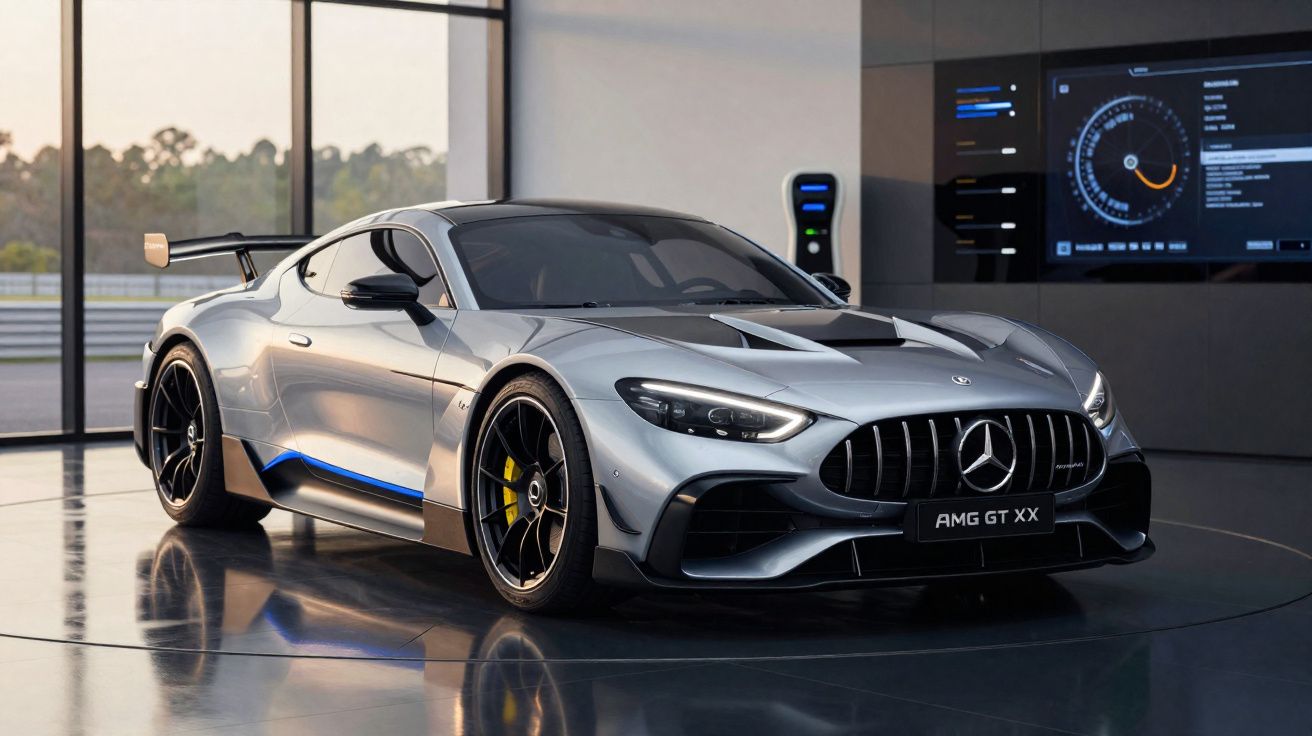 Carro desportivo Mercedes AMG GT XX prateado, cativante num showroom moderno com luz natural.
