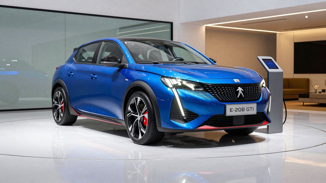 Automóvel elétrico Peugeot E-208 GTI azul exposto em salão moderno com carregador ao lado.