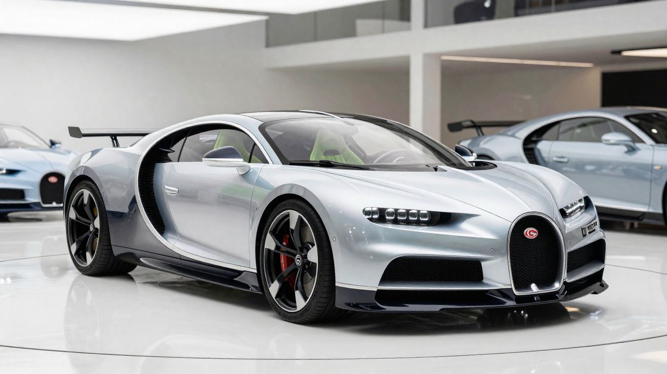 Carro desportivo Bugatti Chiron prateado num salão de exposição moderno com carros ao fundo.