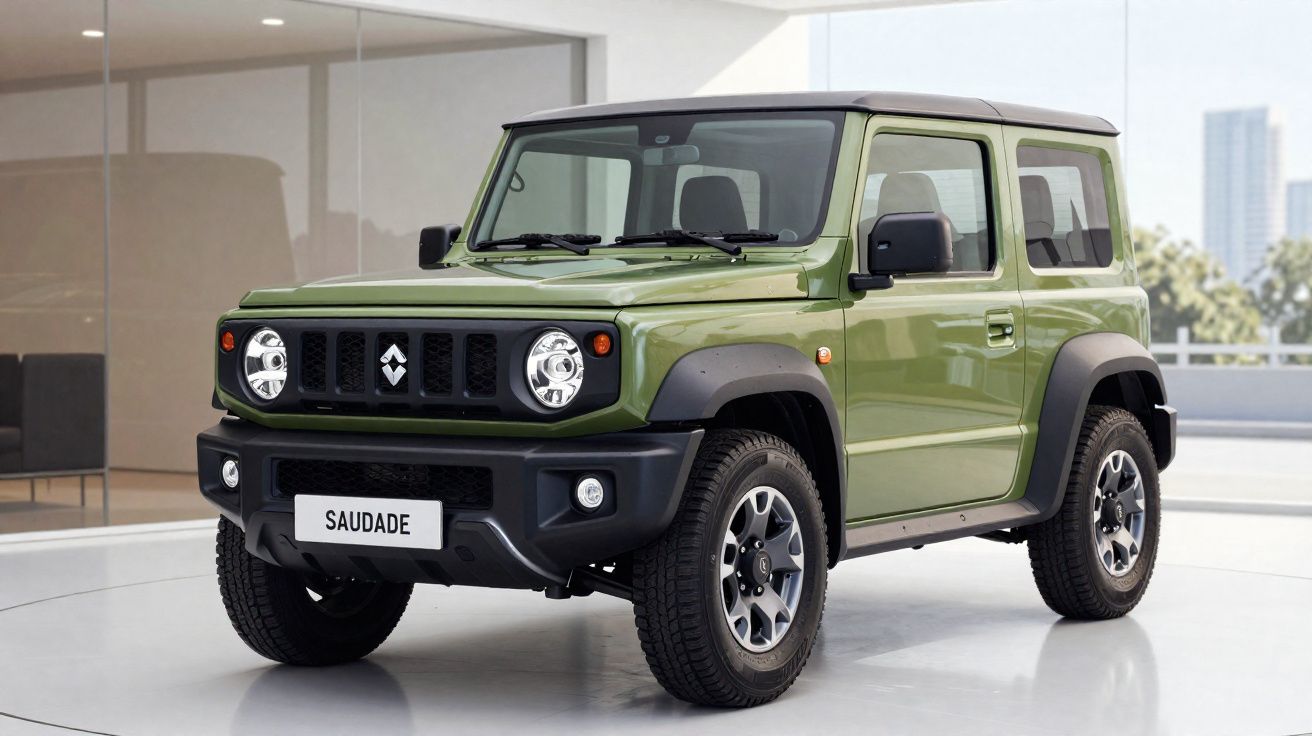 Carro SUV compacto verde com tejadilho cinza estacionado em ambiente moderno interior.