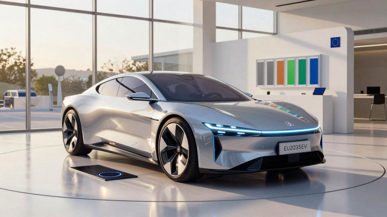 Carro elétrico prateado moderno numa sala luminosa com janelas grandes e painel com gráficos coloridos.