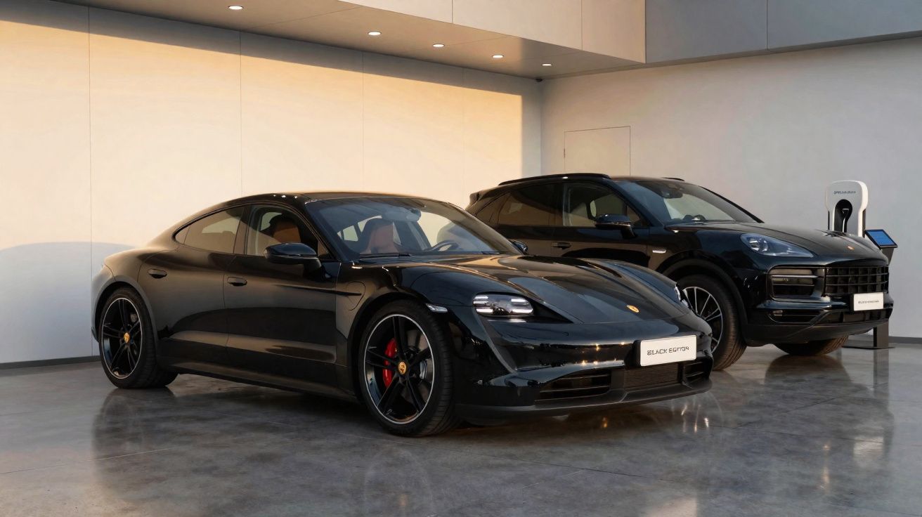 Dois carros pretos estacionados numa garagem moderna com carregador de veículos elétricos junto a um deles.