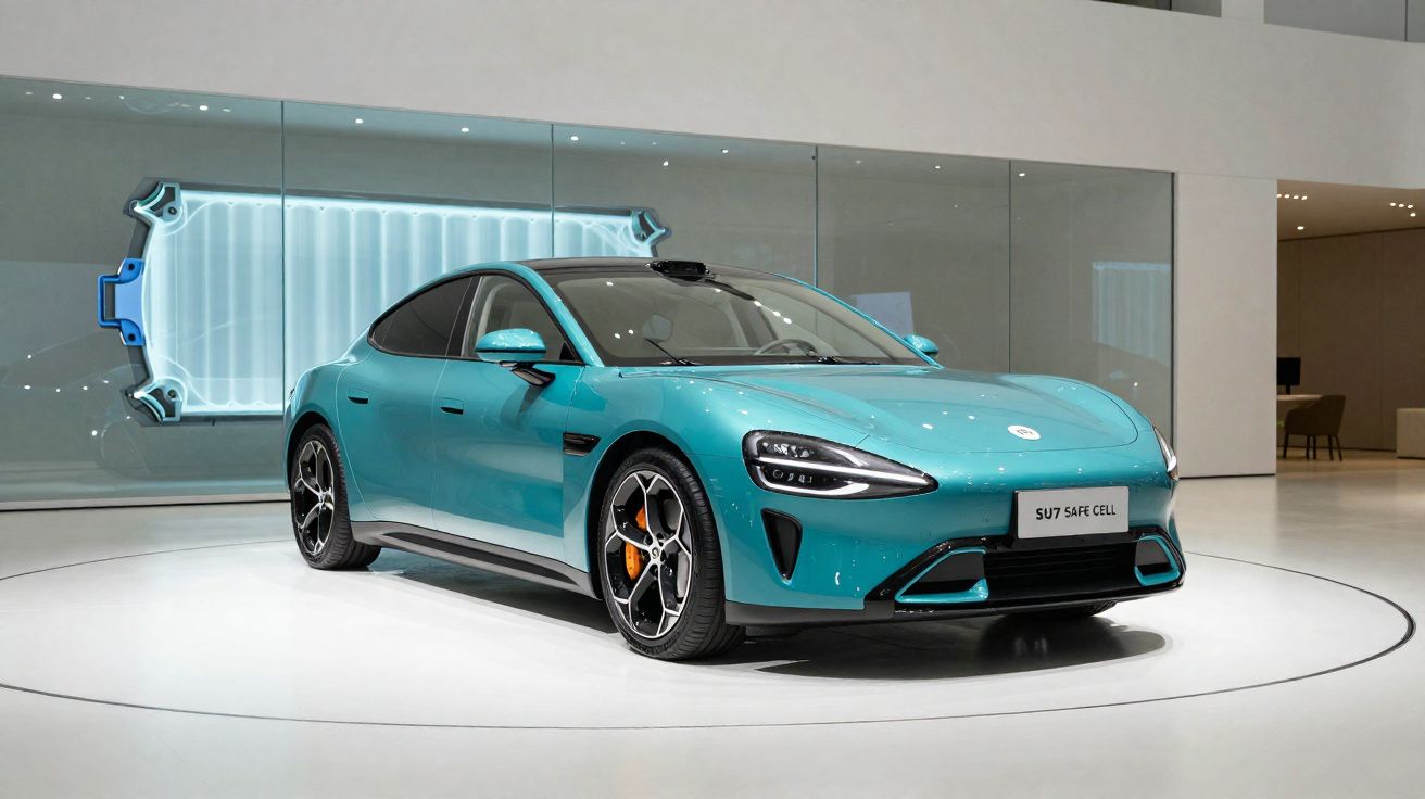 Carro elétrico azul exibido em salão moderno com bateria iluminada na parede ao fundo.