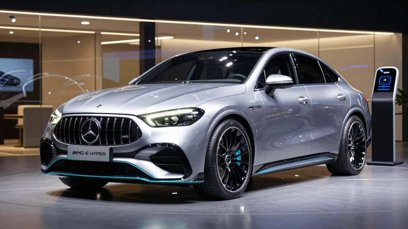 Mercedes-AMG E Hyper prata exposto em espaço interior, com banco e coluna de carregamento ao fundo.