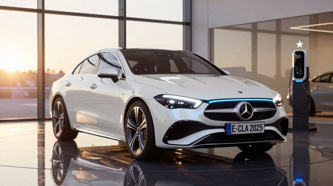 Carro elétrico Mercedes-Benz branco estacionado em showroom moderno com carregador visível ao fundo.