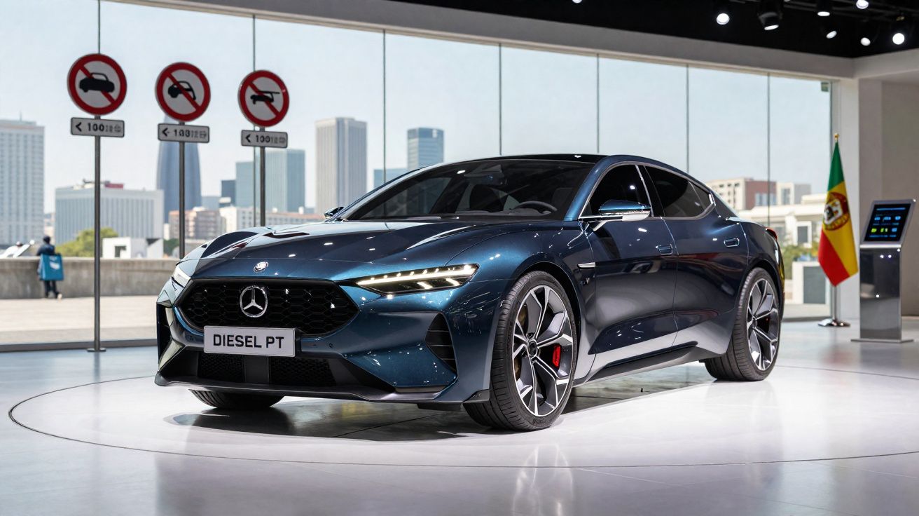 Carro desportivo Mercedes-Benz azul escuro em exposição com bandeira de Portugal ao fundo.