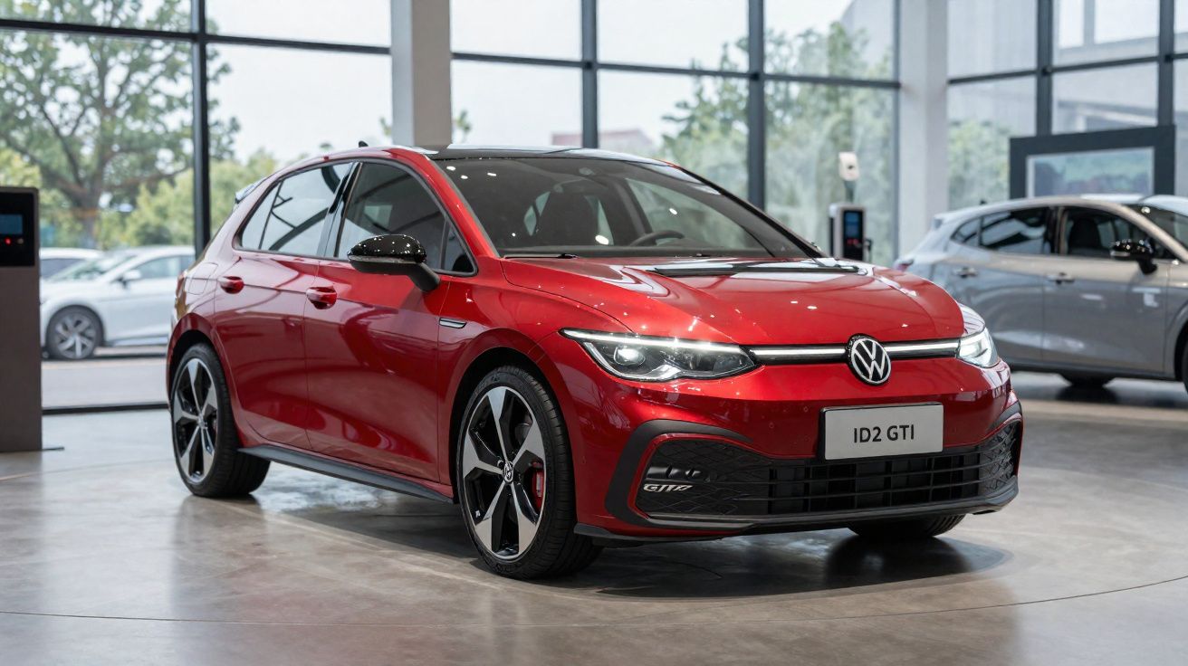 Carro elétrico Volkswagen ID.2 GTI vermelho exposto numa galeria com janelas amplas.