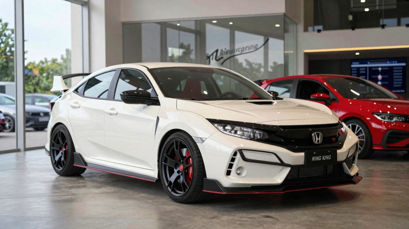 Automóvel desportivo branco Honda Civic Type R estacionado em showroom com outro carro vermelho ao fundo.