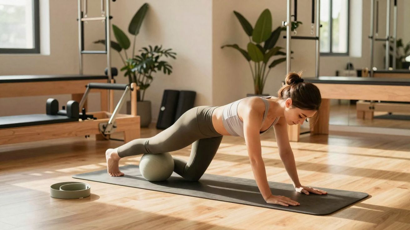 Mulher a fazer exercício com bola entre as pernas num estúdio de pilates moderno e espaçoso.