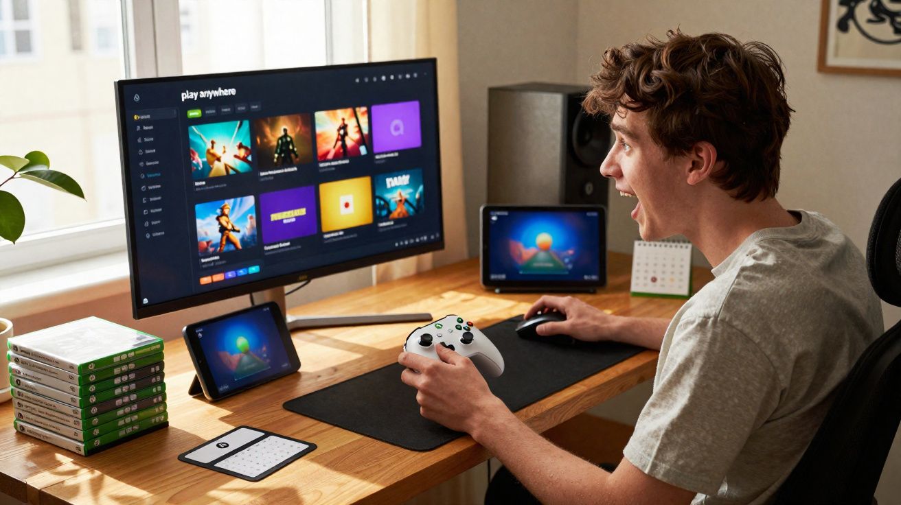 Jovem entusiasmado a jogar videojogos num computador com comandos, vários ecrãs e jogos em cima da mesa.
