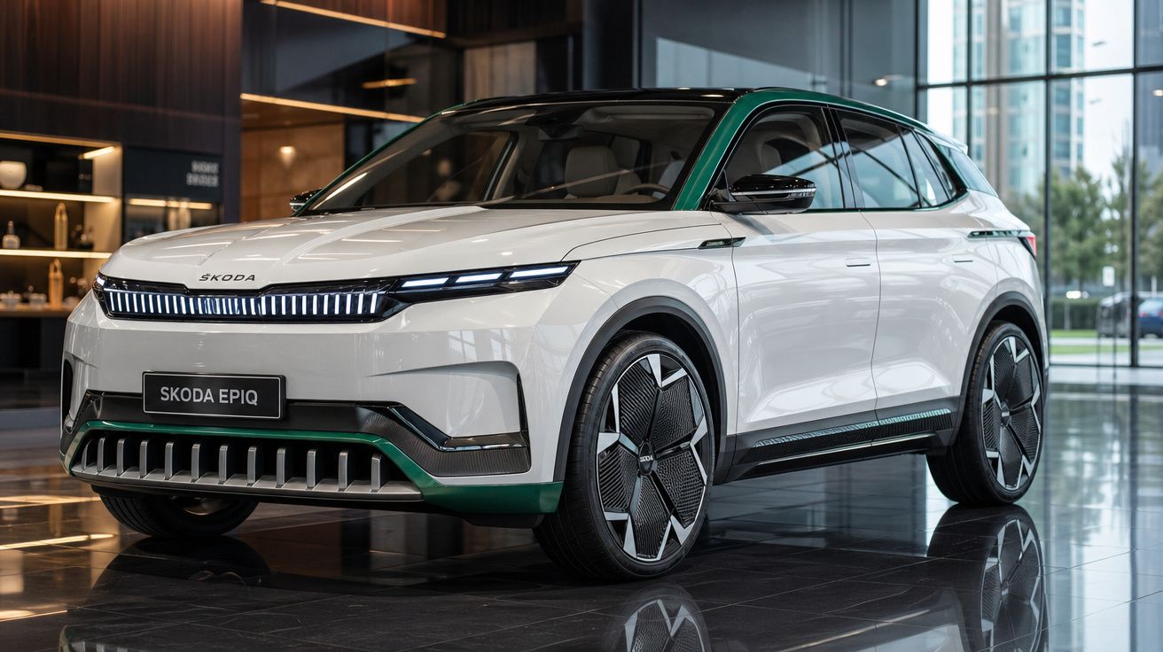 Automóvel elétrico Skoda Epiq branco com detalhes verdes, estacionado em salão moderno.
