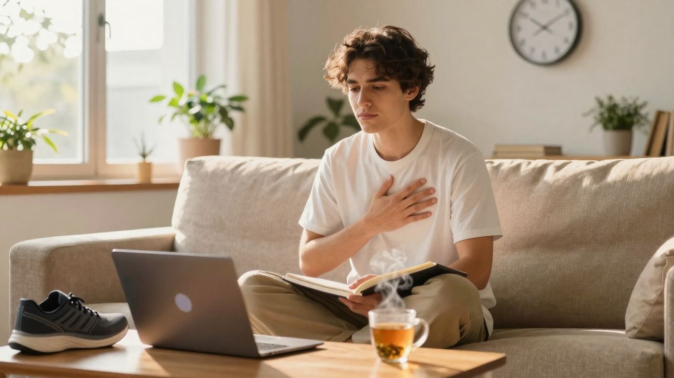 Jovem sentado no sofá a estudar com um livro e olhando para o portátil, com chá quente na mesa.
