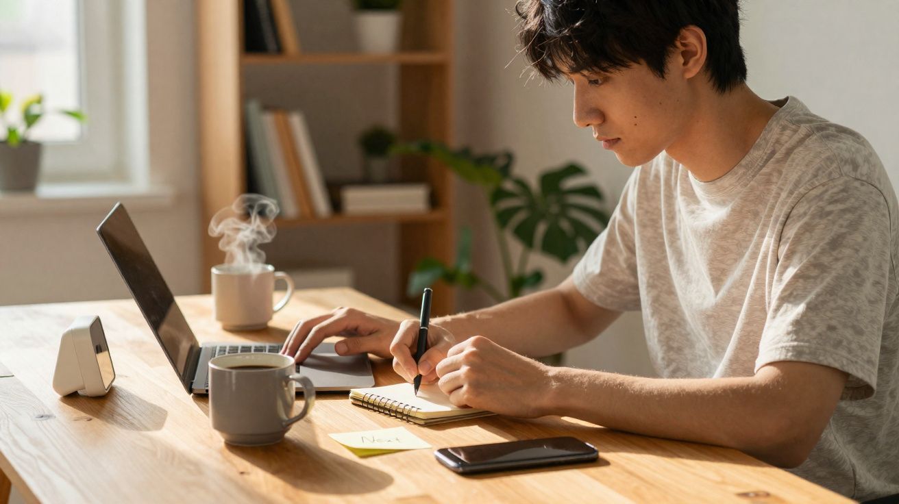 Jovem a escrever num caderno enquanto usa portátil, com duas chávenas de café e telemóvel numa mesa de madeira.
