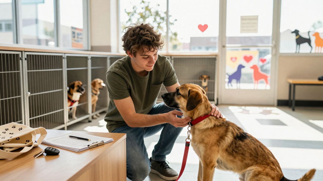 Jovem abraça e acaricia cão de porte médio numa sala luminosa com outros cães em gaiolas ao fundo.