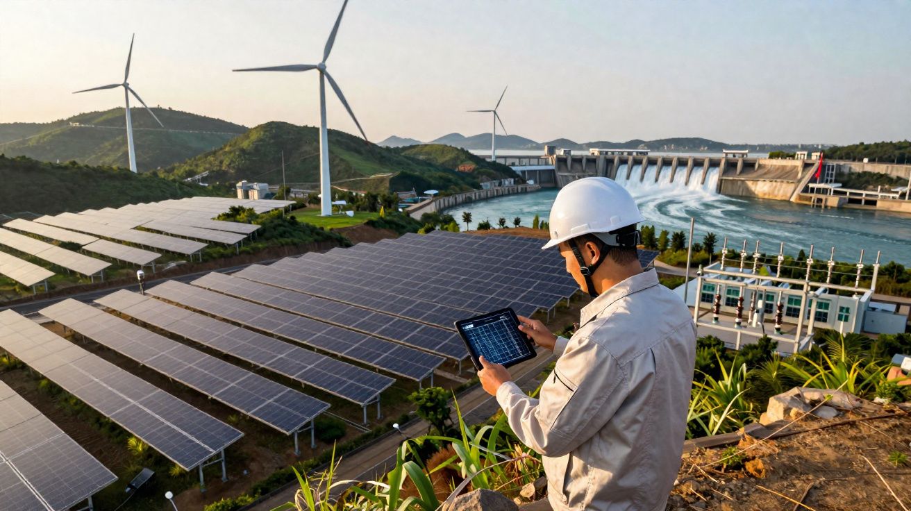 Engenheiro com tablet observa painéis solares, turbinas eólicas e barragem hidrelétrica numa paisagem verde.