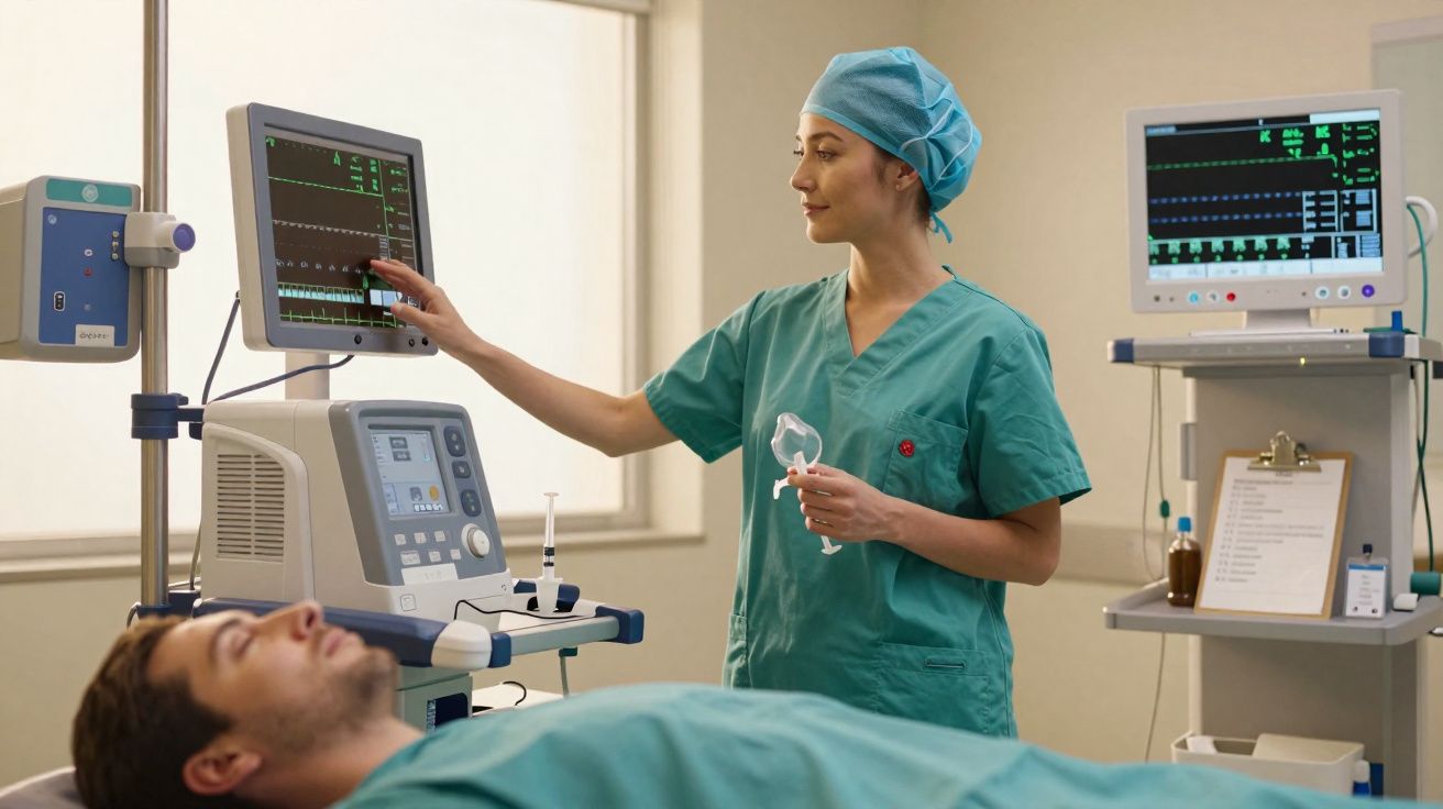 Enfermeira em roupa hospitalar ajusta monitor cardíaco enquanto paciente está deitado em cama hospitalar.