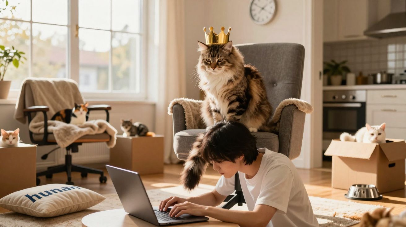 Gato com coroa sentado numa cadeira, rodeado por outros gatos e pessoa a trabalhar num computador portátil.