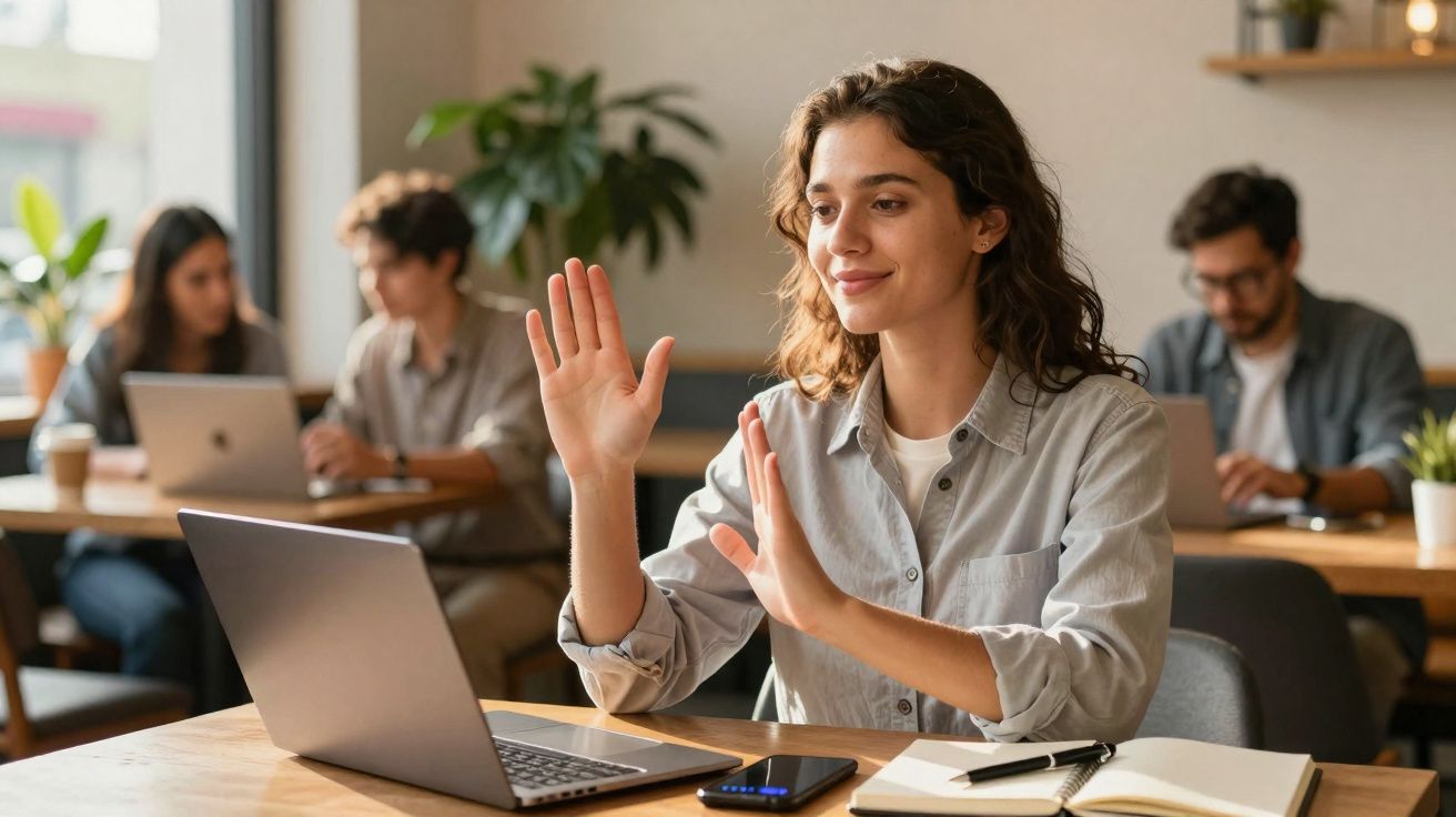 Mulher jovem numa videochamada, sentada à mesa com portátil, smartphone e caderno, ambiente informal de trabalho.