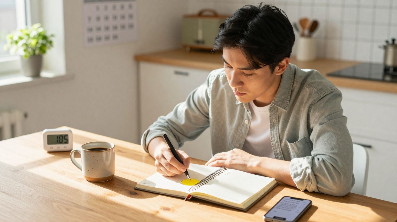 Jovem sentado à mesa, a escrever num caderno, com chá e telemóvel ao lado num ambiente de cozinha iluminada.