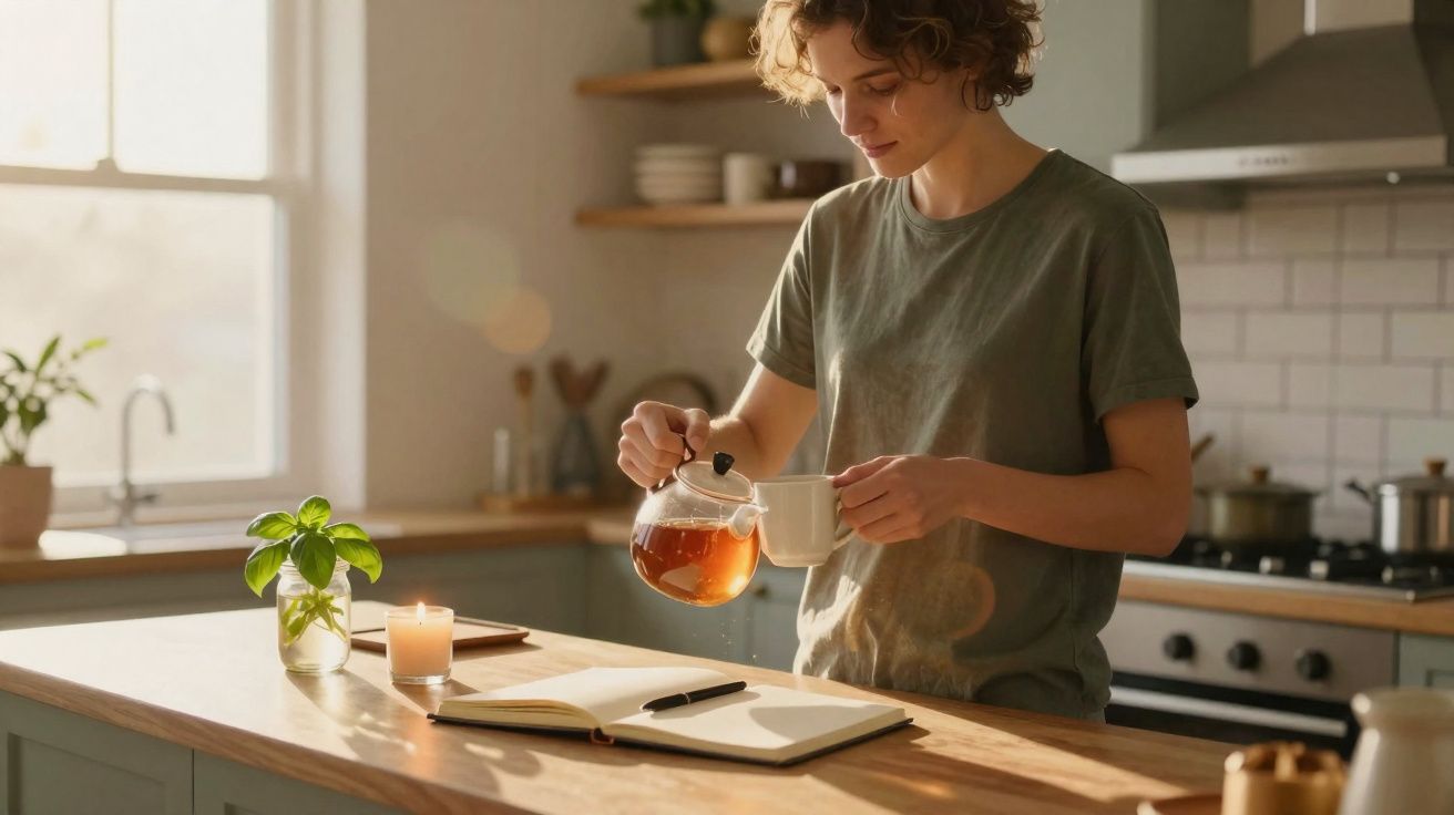 Pessoa a servir chá numa caneca numa cozinha iluminada, com diário aberto e planta na mesa.