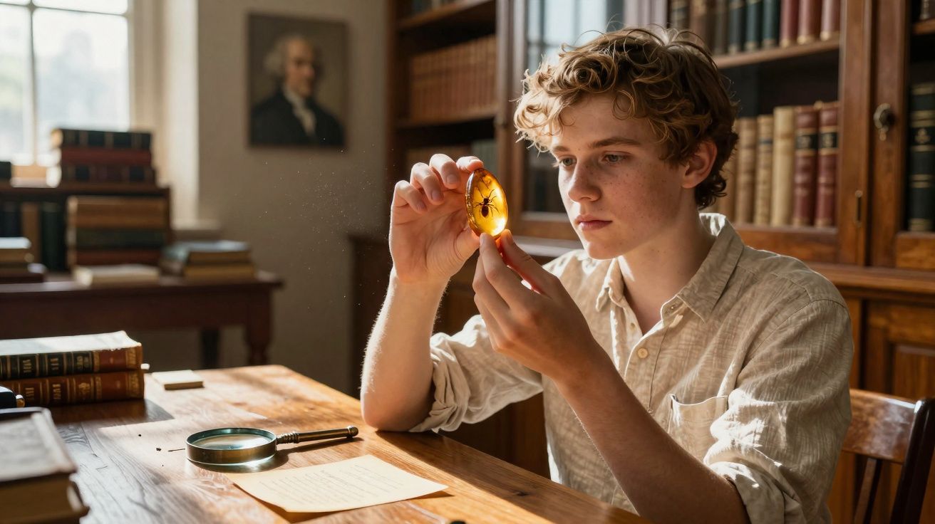 Jovem numa biblioteca a observar um inseto preso numa resina amarela à luz natural.