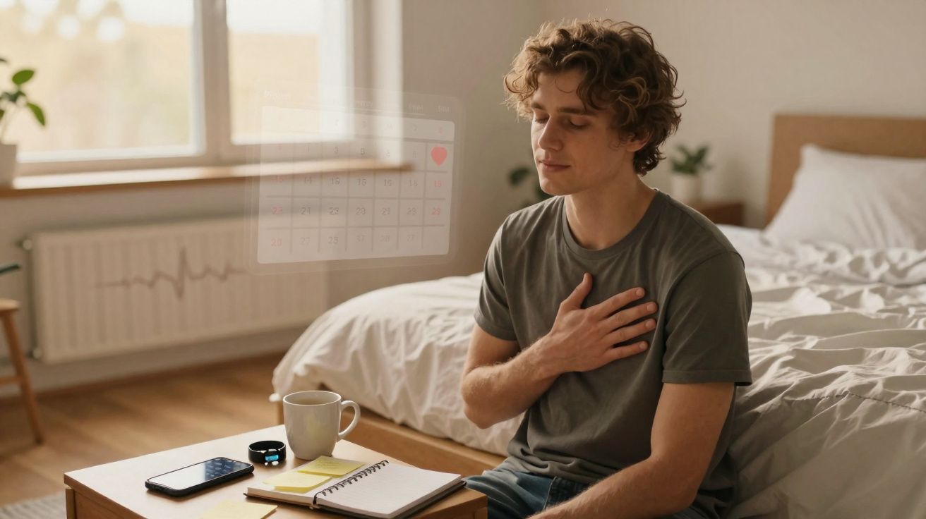 Jovem sentado no quarto a medir a frequência cardíaca com o peito, mesa com caderno, relógio e telemóvel.