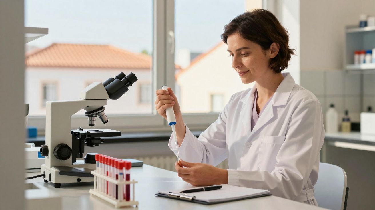 Cientista feminina em laboratório a usar pipeta para amostra, com microscópio e tubos de ensaio na bancada.