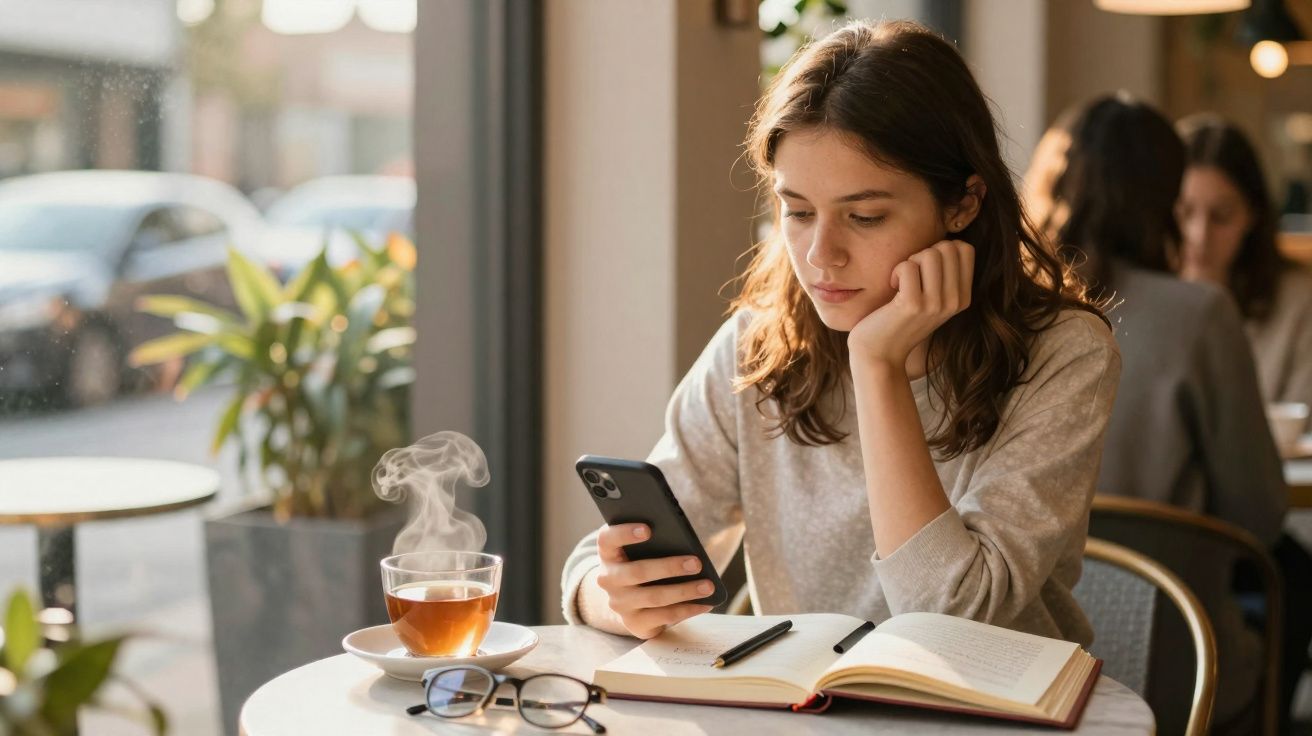 Mulher sentada numa mesa de café, a olhar para o telemóvel, com chá a fumegar e livro aberto à frente.