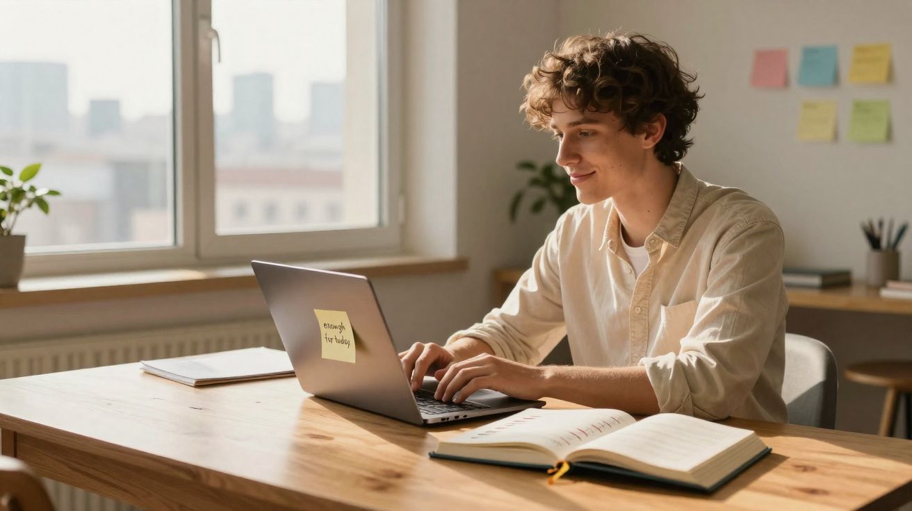 Jovem sentado numa mesa de madeira a usar um portátil com caderno aberto num ambiente luminoso e organizado.