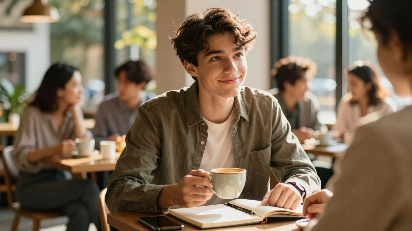Jovem sentado numa cafetaria, segurando uma chávena e sorrindo durante conversa com outra pessoa.