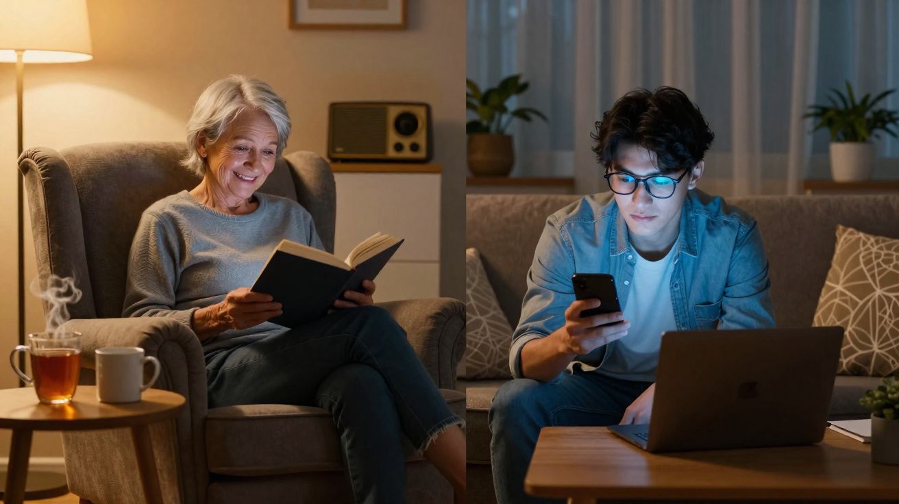 Pessoa idosa a ler livro num sofá e jovem a usar telemóvel e computador à noite numa sala iluminada.